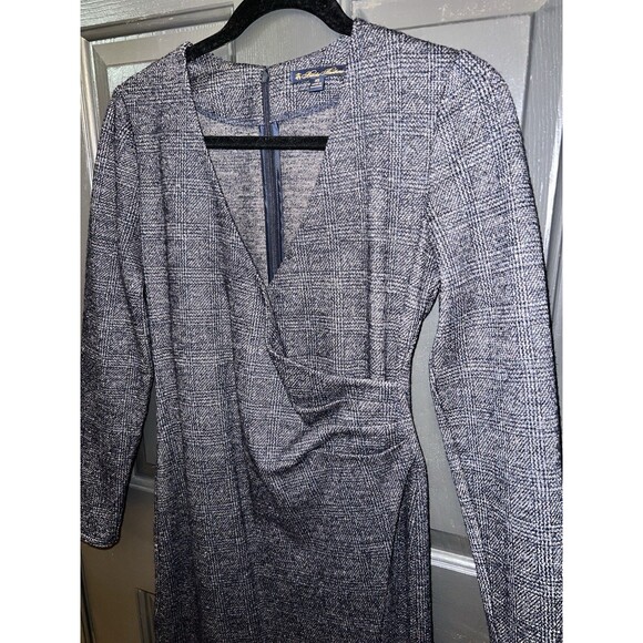 Brooks Brothers Gray Plaid Ruched Sheath Dress V-Neck Long Sleeve XS Old Money - Picture 3 of 7